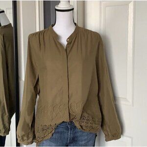 J Crew Sz 2 Womens Eyelet Embroidered Button Up Shirt Blouse Top Olive Brown xs